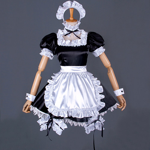 Black Satin Classic Sissy Maid Dress with White Ruffles – Lockable Crossdressing Outfit [G849]