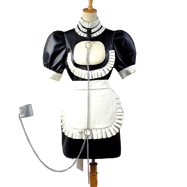 Faux Leather Sissy Maid Bondage Dress with Chains – Lockable Crossdressing Fetish Outfit [G829]