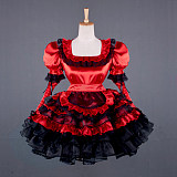 Red Satin Sissy Maid Dress with Black Ruffles and Apron – Lockable Crossdressing Cosplay Outfit [G791]