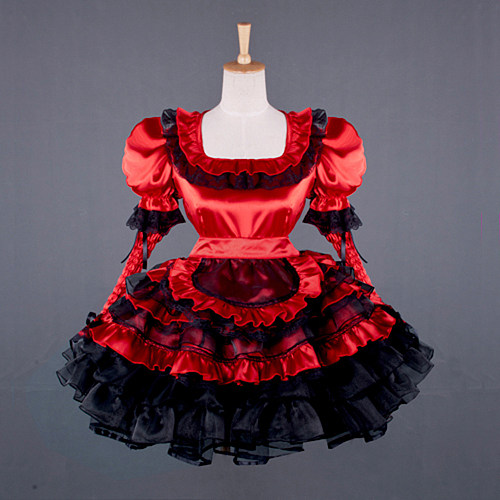 Red Satin Sissy Maid Dress with Black Ruffles and Apron – Lockable Crossdressing Cosplay Outfit [G791]