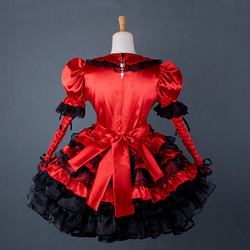 Red Satin Sissy Maid Dress with Black Ruffles and Apron – Lockable Crossdressing Cosplay Outfit [G791]