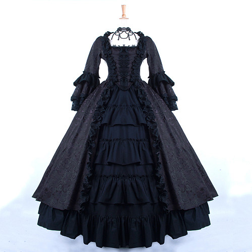 Rococo Medieval Gown Black Cotton Victorian Ruffled Sissy Crossdressing Bodice and Skirt Set [G831]
