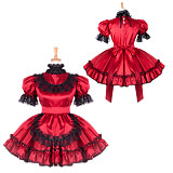 Red Satin Sissy Maid Dress with Black Lace Trim – Lockable Crossdressing Outfit [G797]
