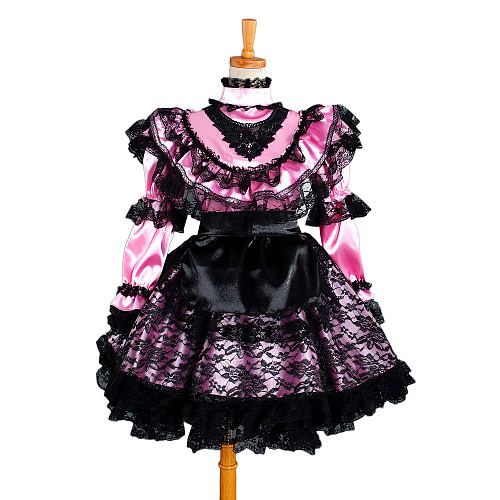 Pink Satin Sissy Maid Dress with Black Lace Overlay – Lockable Crossdressing Outfit [G884]
