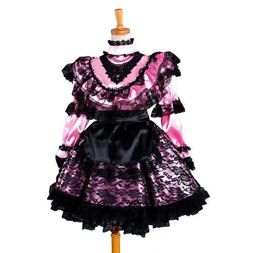 Pink Satin Sissy Maid Dress with Black Lace Overlay – Lockable Crossdressing Outfit [G884]