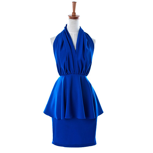 Royal Blue Peplum Cotton Lolita Dress with Halter Neck [G942]