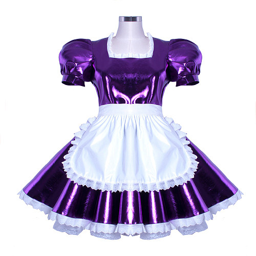 Shiny Purple Heavy PVC Sissy Maid Dress with White Apron – Lockable Crossdressing Outfit [G912]