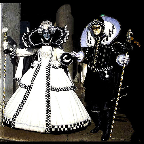 Carnival of Venice Traditional Italian Satin Black & White Gown and Suit Masquerade Set [G947]