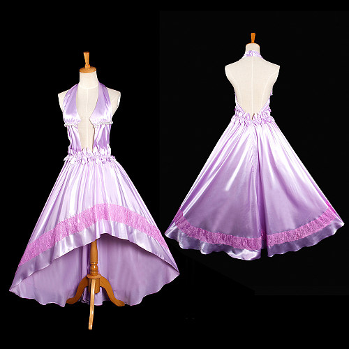 Sissy Crossdressing Dress Elegant Lavender Satin Halter Evening Gown with Lace Trim [G1008]