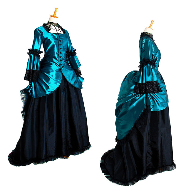 Handmade Taffeta Medieval Gown – Teal & Black Victorian Bustle Dress [G1005]