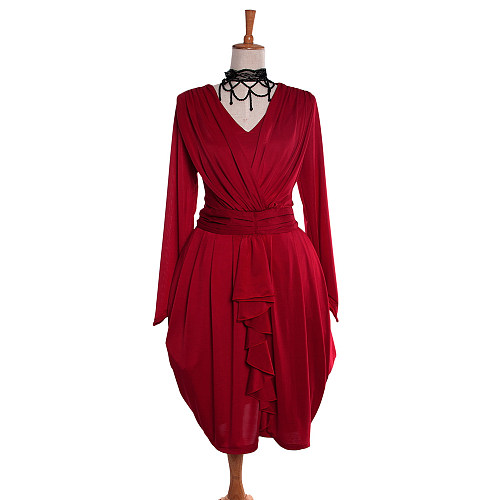 Elegant Draped Red Velvet Lolita Dress with Ruffle Detail [G987]