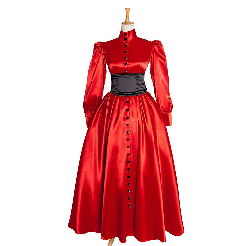 Red Satin Sissy Maid Dress with Black Waist Corset – Crossdressing Costume [G1015]