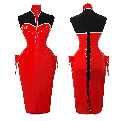 Sissy Maid Crossdressing Heavy PVC Red Corset-Laced Tight Gown [G1067]