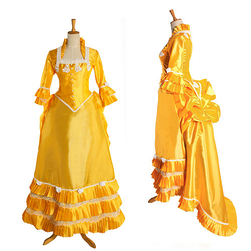 Rococo Golden Yellow Taffeta Victorian Medieval Gown – Handmade Crossdressing Costume [G1033]