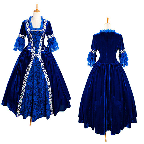 Rococo Royal Blue Velvet Victorian Medieval Gown – Handmade Crossdressing Costume [G1018]