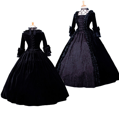 Rococo Black Velvet Victorian Medieval Gown – Handmade Crossdressing Costume [G1058]