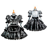 Silver & Black Thin PVC Lockable Sissy Maid Dress with Lace Overlay – Crossdressing Outfit [G1048]