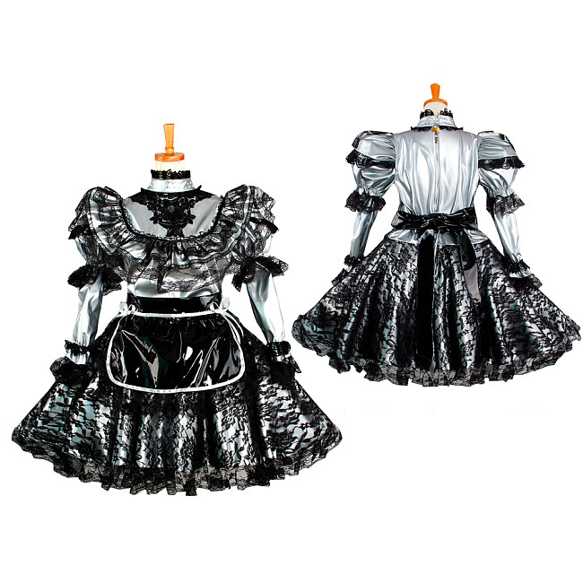Silver & Black Thin PVC Lockable Sissy Maid Dress with Lace Overlay – Crossdressing Outfit [G1048]