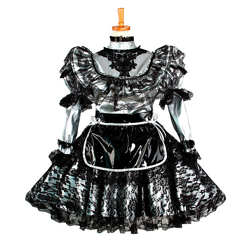 Silver & Black Thin PVC Lockable Sissy Maid Dress with Lace Overlay – Crossdressing Outfit [G1048]