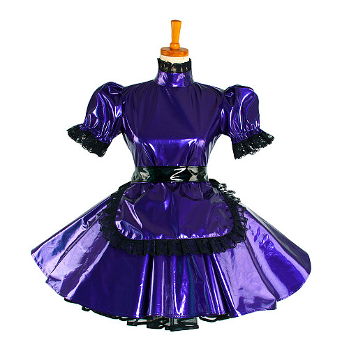 Purple Thin PVC Lockable Sissy Maid Dress with Black Lace Trim – Crossdressing Outfit [G1047]