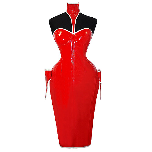 Sissy Maid Crossdressing Heavy PVC Red Corset-Laced Tight Gown [G1067]