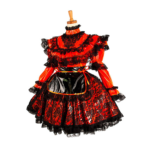 Lockable Sissy Maid Crossdressing Red Thin PVC & Black Lace Frilly Dress [G1071]