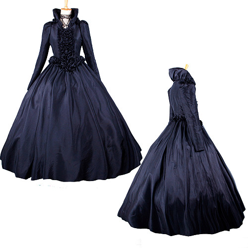 Black Taffeta Victorian Medieval Gown with Lace Cape – Handmade Crossdressing Costume [G1054]