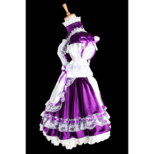 Purple Satin Lockable Sissy Maid Dress with White Lace Apron – Crossdressing Outfit [G1025]