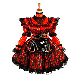 Lockable Sissy Maid Crossdressing Red Thin PVC & Black Lace Frilly Dress [G1071]