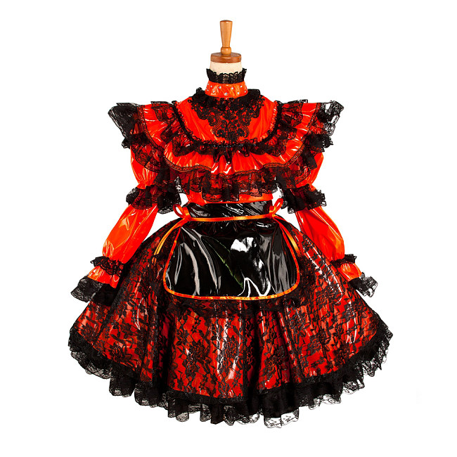 Lockable Sissy Maid Crossdressing Red Thin PVC & Black Lace Frilly Dress [G1071]