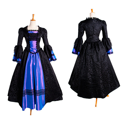 Rococo Black & Royal Blue Brocade Victorian Medieval Gown – Handmade Crossdressing Costume [G1024]