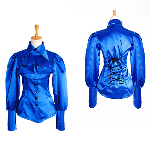 Blue Satin Sissy Maid Blouse with Ruffled Front – Crossdressing Top [G1035]