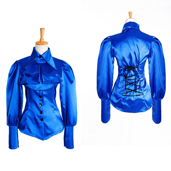 Blue Satin Sissy Maid Blouse with Ruffled Front – Crossdressing Top [G1035]