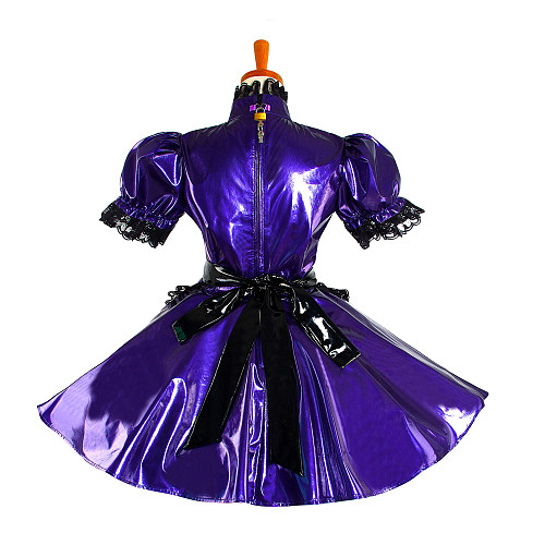 Purple Thin PVC Lockable Sissy Maid Dress with Black Lace Trim – Crossdressing Outfit [G1047]