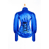 Blue Satin Sissy Maid Blouse with Ruffled Front – Crossdressing Top [G1035]