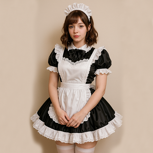 fondcosplay Lockable Sissy Maid Satin Dress – Crossdressing Black & White French Maid Outfit [G4084]