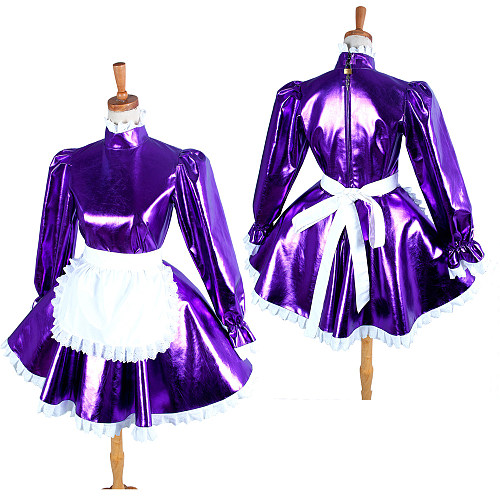 Purple Heavy PVC Lockable Sissy Maid Dress with White Apron – Crossdressing Outfit [G1046]