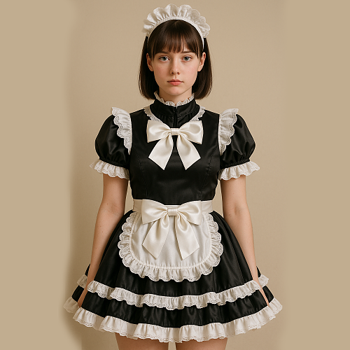 fondcosplay Lockable Sissy Maid Satin Dress – Crossdressing Deluxe Black & White French Maid Costume [G4085]