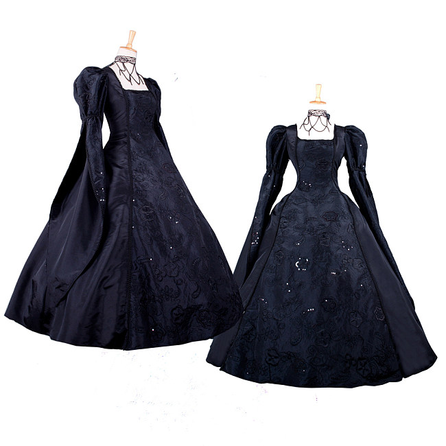 Black Taffeta Victorian Medieval Gown with Embroidered Sleeves – Handmade Crossdressing Costume [G1059]