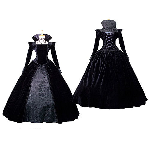 Black Velvet Victorian Medieval Gown with High Collar – Handmade Crossdressing Costume [G1068]