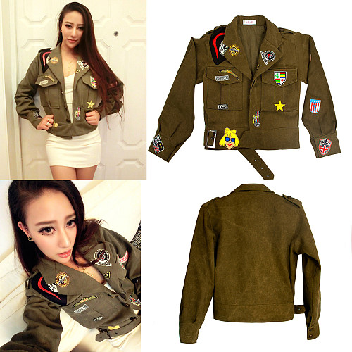 Military Fashion Croptop Button-Up Jacket with Patches – Twill [G1074]