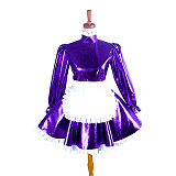 Purple Heavy PVC Lockable Sissy Maid Dress with White Apron – Crossdressing Outfit [G1046]