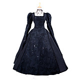 Black Taffeta Victorian Medieval Gown with Embroidered Sleeves – Handmade Crossdressing Costume [G1059]