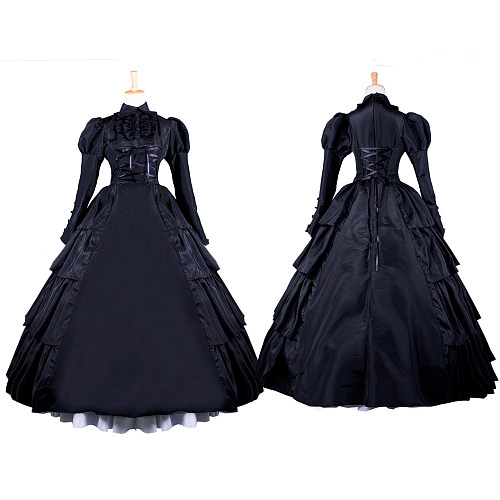 Black Taffeta Victorian Medieval Gown with Layered Skirt – Handmade Crossdressing Costume [G1069]
