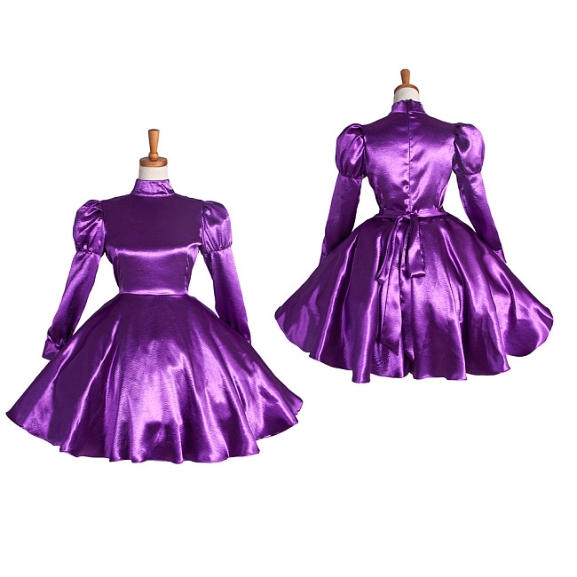 Lockable Sissy Maid Crossdressing Purple Satin High Neck Puff Sleeve Dress [G1123]