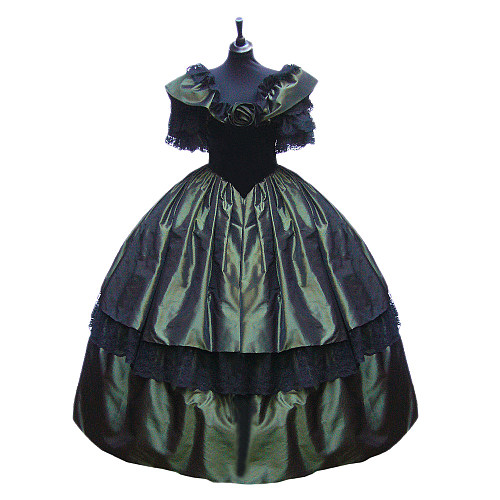 Rococo Elegant Victorian Medieval Gown Green & Black Taffeta Ball Dress [G1155]