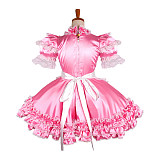 Lockable Sissy Maid Crossdressing Pink Satin Short Sleeve Ruffle Lace Apron Dress [G1215]