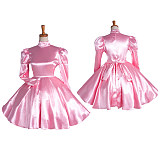 Lockable Sissy Maid Crossdressing Pink Satin High Neck Puff Sleeve Dress [G1122]