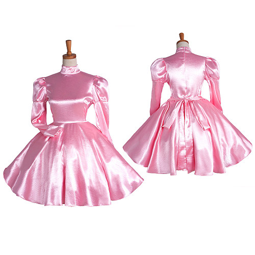 Lockable Sissy Maid Crossdressing Pink Satin High Neck Puff Sleeve Dress [G1122]