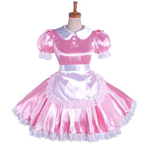 Lockable Sissy Maid Crossdressing Pink Satin Puff Sleeve Lace Apron Dress [G1085]